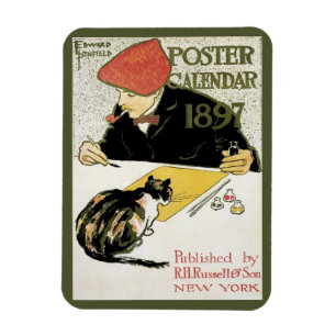 Vintage Art Nouveau, Künstler malt mit Haustierkat Magnet