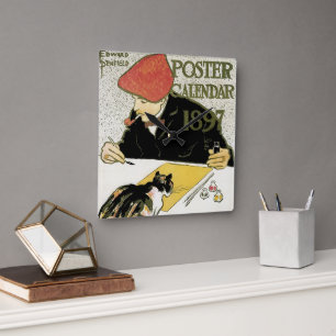 Vintage Art Nouveau, Künstler malt mit Haustierkat Quadratische Wanduhr