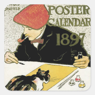 Vintage Art Nouveau, Künstler malt mit Haustierkat Quadratischer Aufkleber