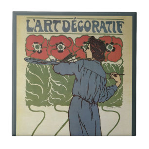 Vintage Art Nouveau, Künstler malt Mohnblumen Fliese