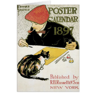 Vintage Art Nouveau, Künstlerin malt mit Hauskatze