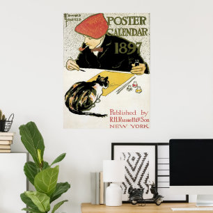 Vintage Art Nouveau, Künstlerin malt mit Hauskatze Poster