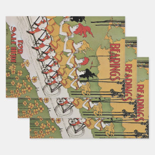 Vintage Art Nouveau, Lager Tandemfahrrad Geschenkpapier Set