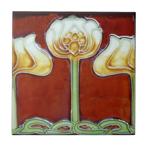 Vintage Art Nouveau Lotusblumen auf rotem Fries Fliese