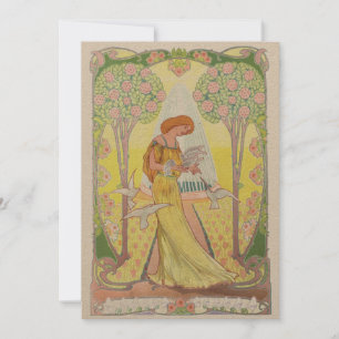 Vintage-Art-Nouveau-Mädchen-mit-Tauben-Dankeskarte Dankeskarte