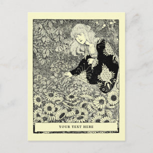 Vintage Art Nouveau Mädchen unter Blumenfeld Postkarte