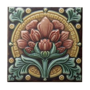 Vintage Art Nouveau Majolika Blumengewerbe Fliese