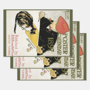 Vintage Art Nouveau, Maler mit Haustierkatze Geschenkpapier Set