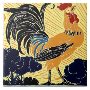 Vintage Art Nouveau Morgen Sonne Hahn Fliese