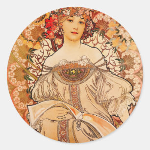 Vintage Art Nouveau Mucha Druck Runder Aufkleber
