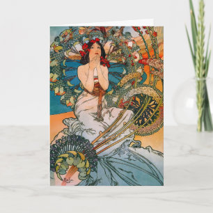 Vintage Art Nouveau Mucha Frau Blumenposter Feiertagskarte