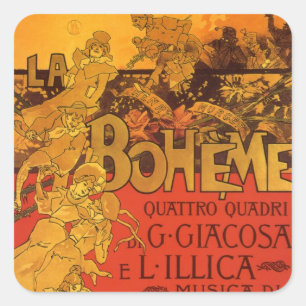 Vintage Art Nouveau Musik, La Boheme Oper, 1896 Quadratischer Aufkleber