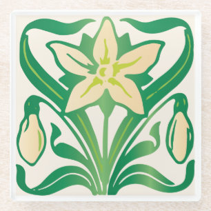 Vintage-Art-Nouveau-Muster mit Schneeglöckchen Glasuntersetzer