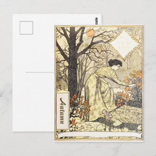 Vintage Art Nouveau November Herbstgarten Frau Postkarte