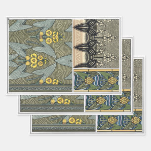 Vintage Art Nouveau Pfeilspitzen-Gartenblumen Geschenkpapier Set