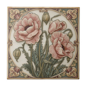 Vintage Art Nouveau rosa Mohn Blumenmuster Fliese