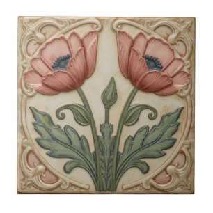 Vintage Art Nouveau rosa Mohn Blumenmuster Fliese