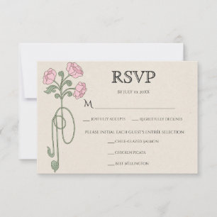 Vintage Art Nouveau Rosafarbenen Blumen Sage Mahlz RSVP Karte