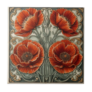 Vintage Art Nouveau Rote Mohnblumen Blumenmuster Fliese