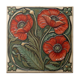 Vintage Art Nouveau Rote Mohnblumen Blumenmuster Fliese