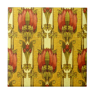 Vintage Art Nouveau rotes Tulpen-Blumenmuster Fliese