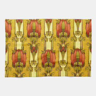 Vintage Art Nouveau rotes Tulpen-Blumenmuster Geschirrtuch