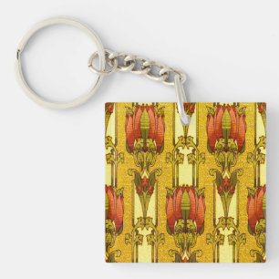 Vintage Art Nouveau rotes Tulpen-Blumenmuster Schlüsselanhänger