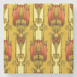 Vintage Art Nouveau rotes Tulpen-Blumenmuster Steinuntersetzer