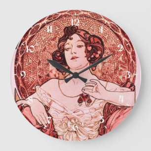 Vintage Art Nouveau Rubin von Alphonse Mucha  Große Wanduhr