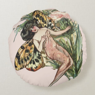 Vintage Art Nouveau Schmetterlingsfee Rundes Kissen