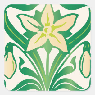 Vintage-Art-Nouveau-Schneeglöckchen-Blumenmuster Quadratischer Aufkleber