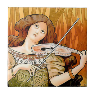 Vintage Art Nouveau Violin Poster   Elegante Musik Fliese