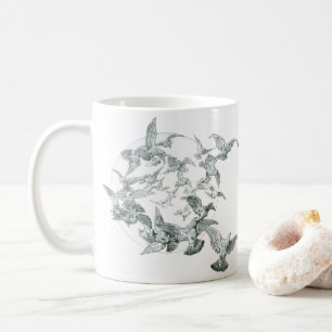 Vintage Art Nouveau Vogelschwarm mit Vollmond Kaffeetasse