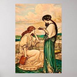 Vintage Art Nouveau Women Reading by the Sea  Poster