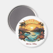 Vintage Art Sunset at Hawaii Beach Mountains Magnet (Vorderseite/Rückseite)