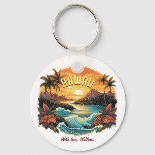 Vintage Art Sunset at Hawaii Beach Mountains Schlüsselanhänger