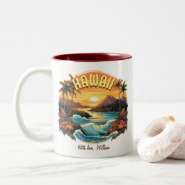 Vintage Art Sunset at Hawaii Beach Mountains Zweifarbige Tasse