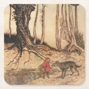 Vintage-Arthur-Rackham-Druck Rotkäppchen und Wolf Rechteckiger Pappuntersetzer