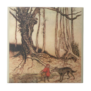 Vintage-Arthur-Rackham-Rotkäppchen-und-Wolf-Druck Fliese