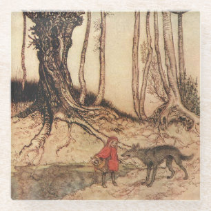 Vintage-Arthur-Rackham-Rotkäppchen-und-Wolf-Druck Glasuntersetzer