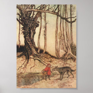 Vintage-Arthur-Rackham-Rotkäppchen-und-Wolf-Druck Poster