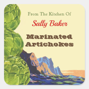 Vintage Artichokes bearbeitbares Rezept Quadratischer Aufkleber