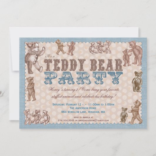 Vintage Artteddy-Bärn-Party Einladung - Blau (Vorderseite)