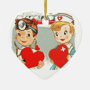 vintage Arzt und Krankenschwester Liebe mit Kranke Keramik Ornament