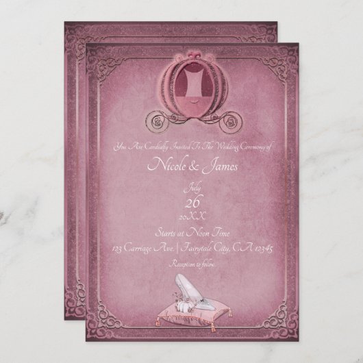 Vintage Aschenputtel-Himbeere & Rose-Goldhochzeit Einladung (Vorne/Hinten)