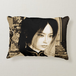 Vintage-Asiatische-Frauenporträt-Kunst Dekokissen