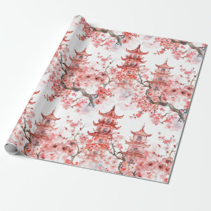 Vintage asiatische Pagode rosa Blüten Landschaftsk Geschenkpapier