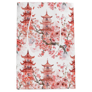 Vintage asiatische Pagode rosa Blüten Landschaftsk Mittlere Geschenktüte