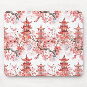 Vintage asiatische Pagode rosa Blüten Landschaftsk Mousepad