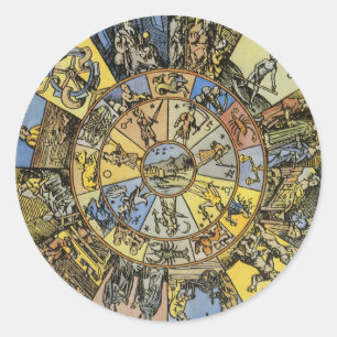 Vintage Astrologie, Renaissance Zodiac Wheel, 1555 Runder Aufkleber